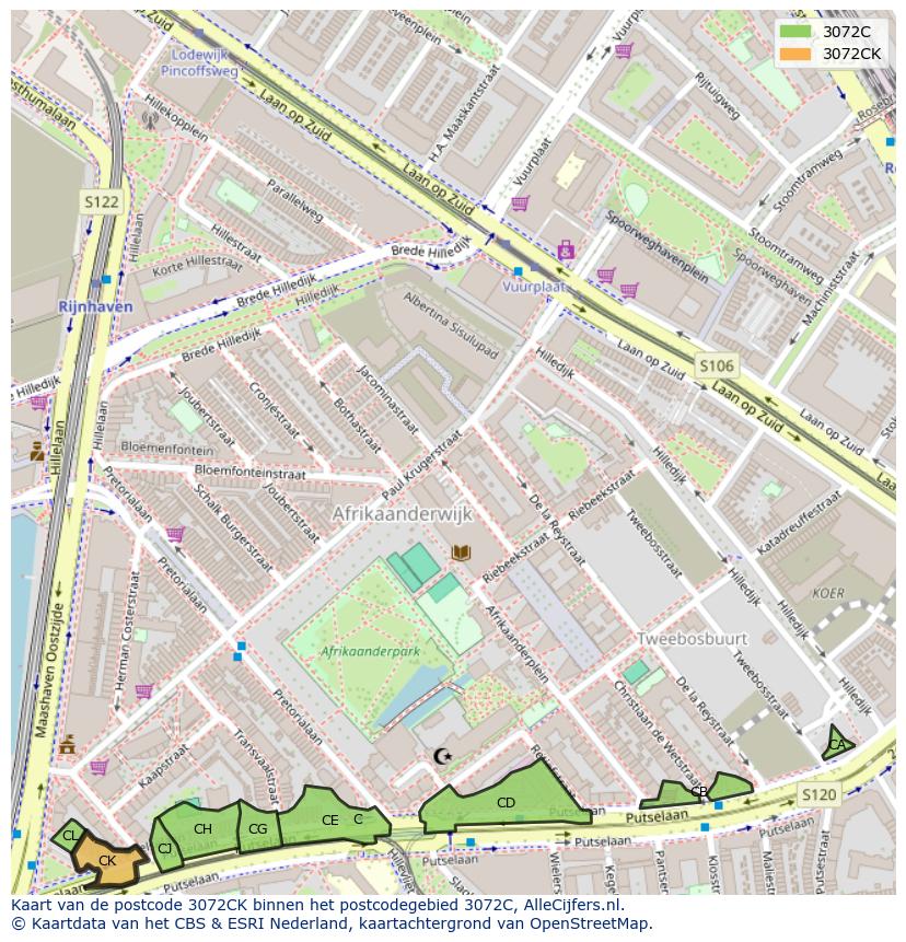 Afbeelding van het postcodegebied 3072 CK op de kaart.