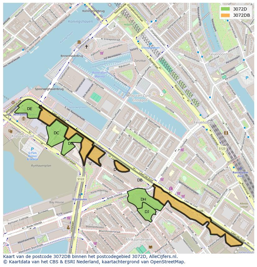 Afbeelding van het postcodegebied 3072 DB op de kaart.