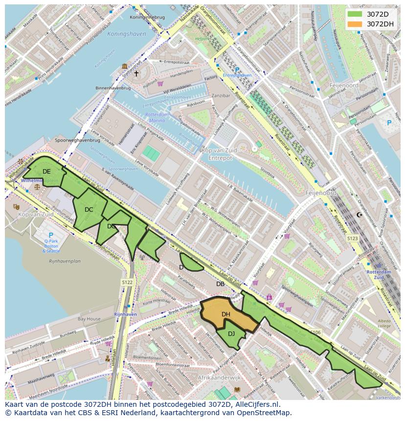 Afbeelding van het postcodegebied 3072 DH op de kaart.