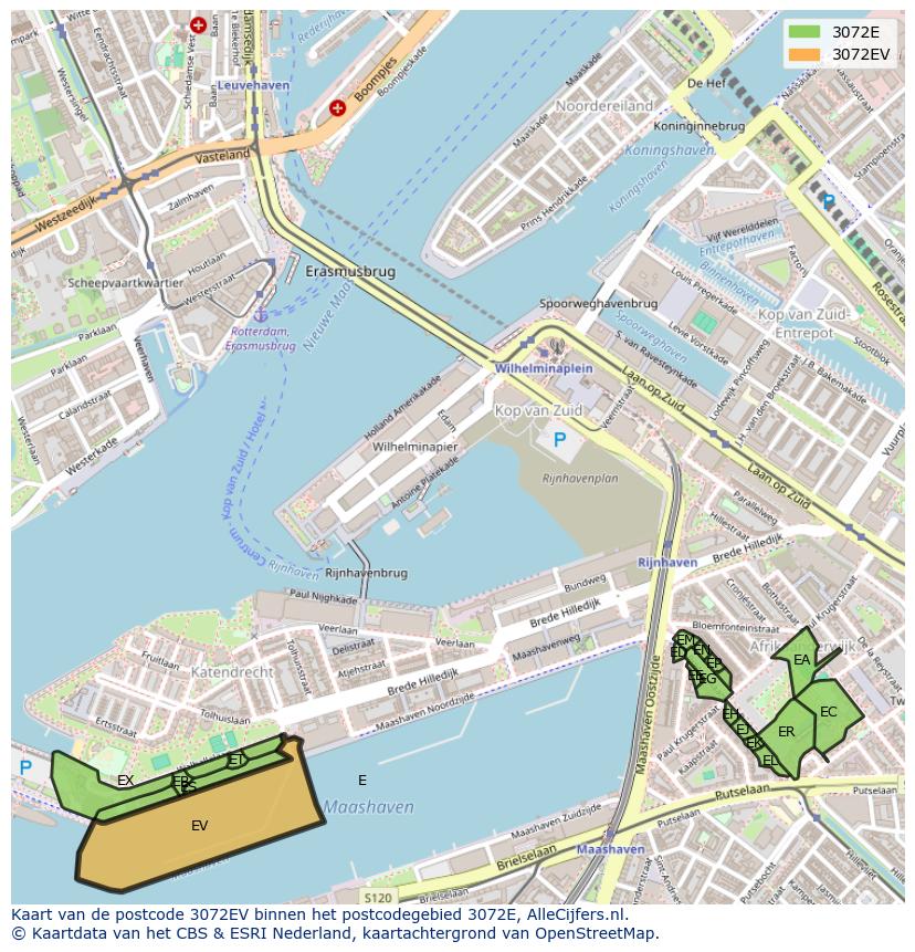 Afbeelding van het postcodegebied 3072 EV op de kaart.