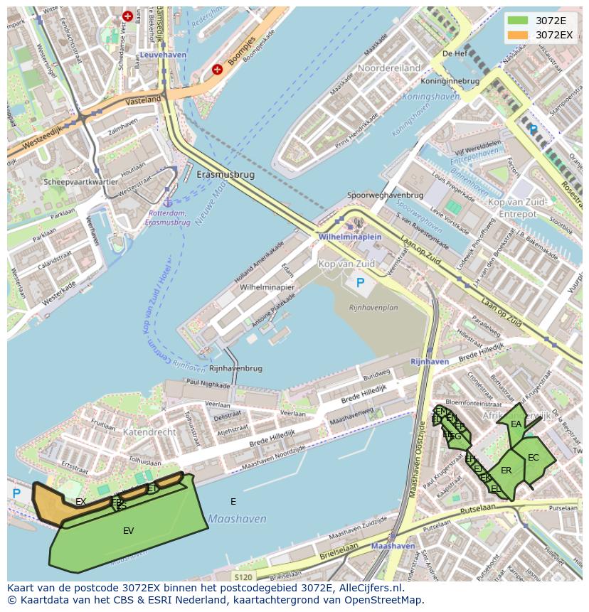Afbeelding van het postcodegebied 3072 EX op de kaart.