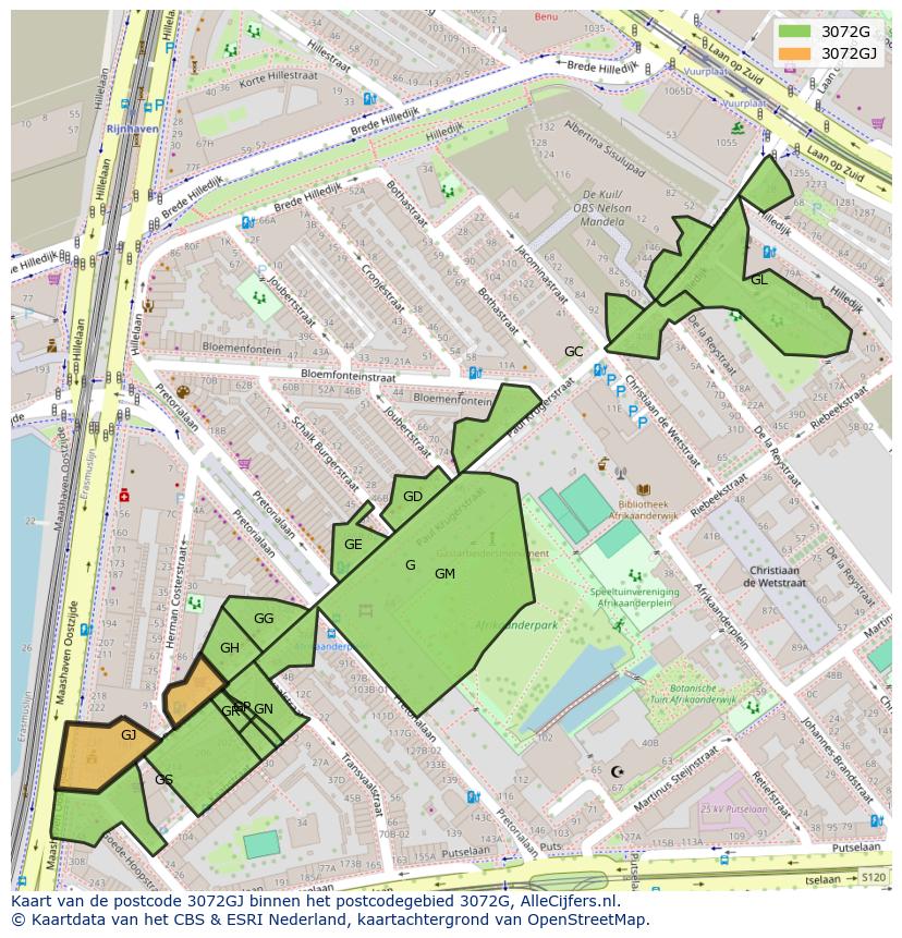 Afbeelding van het postcodegebied 3072 GJ op de kaart.