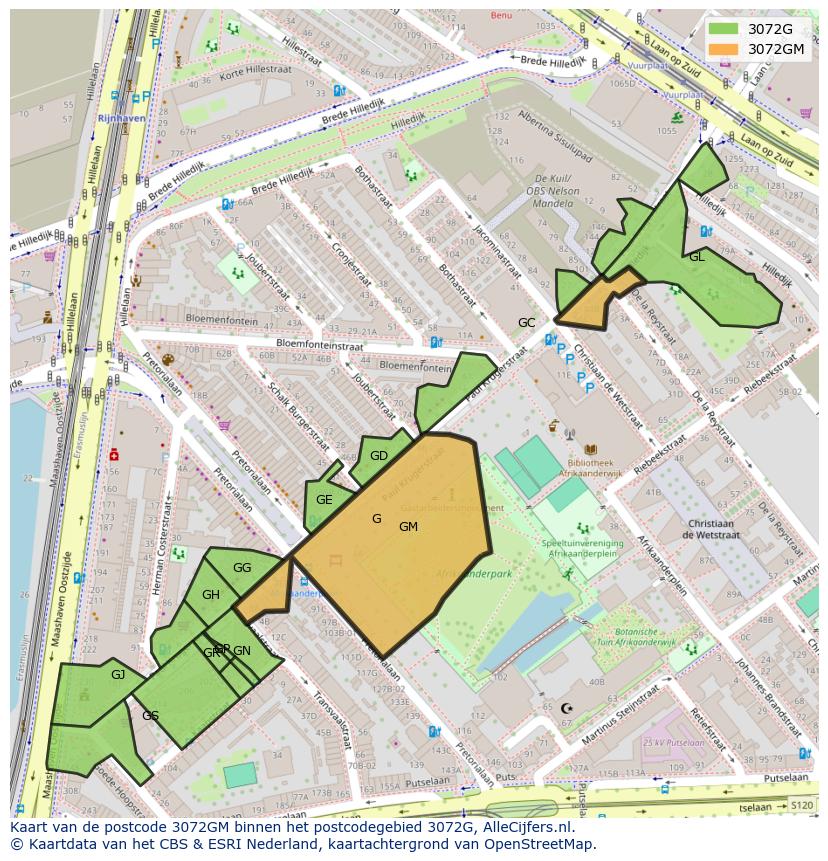 Afbeelding van het postcodegebied 3072 GM op de kaart.