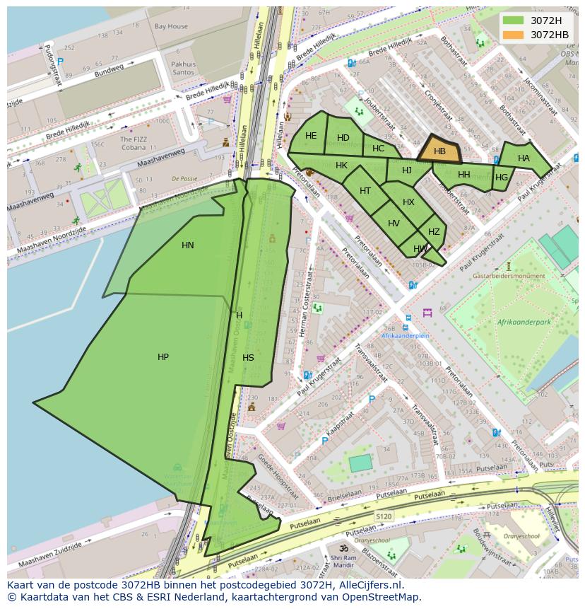 Afbeelding van het postcodegebied 3072 HB op de kaart.