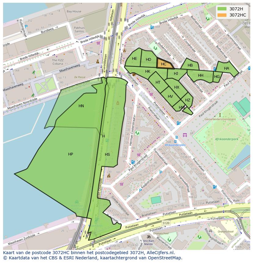 Afbeelding van het postcodegebied 3072 HC op de kaart.