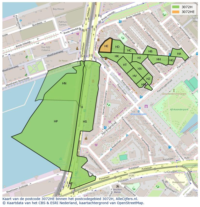 Afbeelding van het postcodegebied 3072 HE op de kaart.