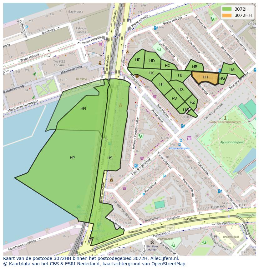 Afbeelding van het postcodegebied 3072 HH op de kaart.