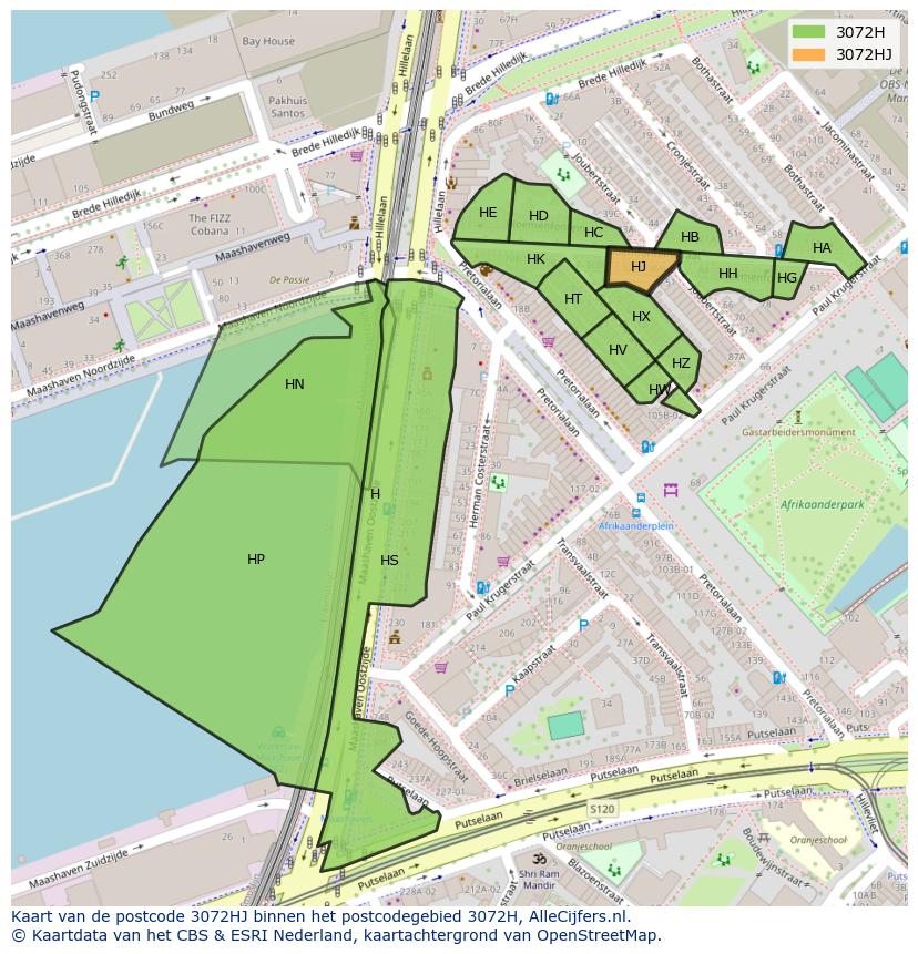 Afbeelding van het postcodegebied 3072 HJ op de kaart.
