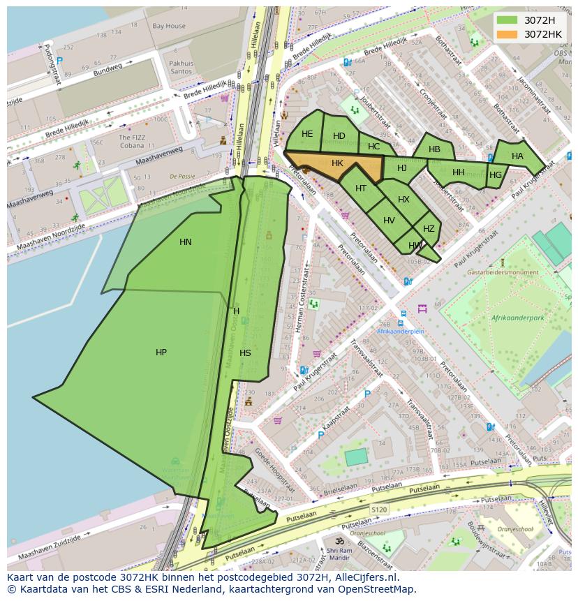 Afbeelding van het postcodegebied 3072 HK op de kaart.