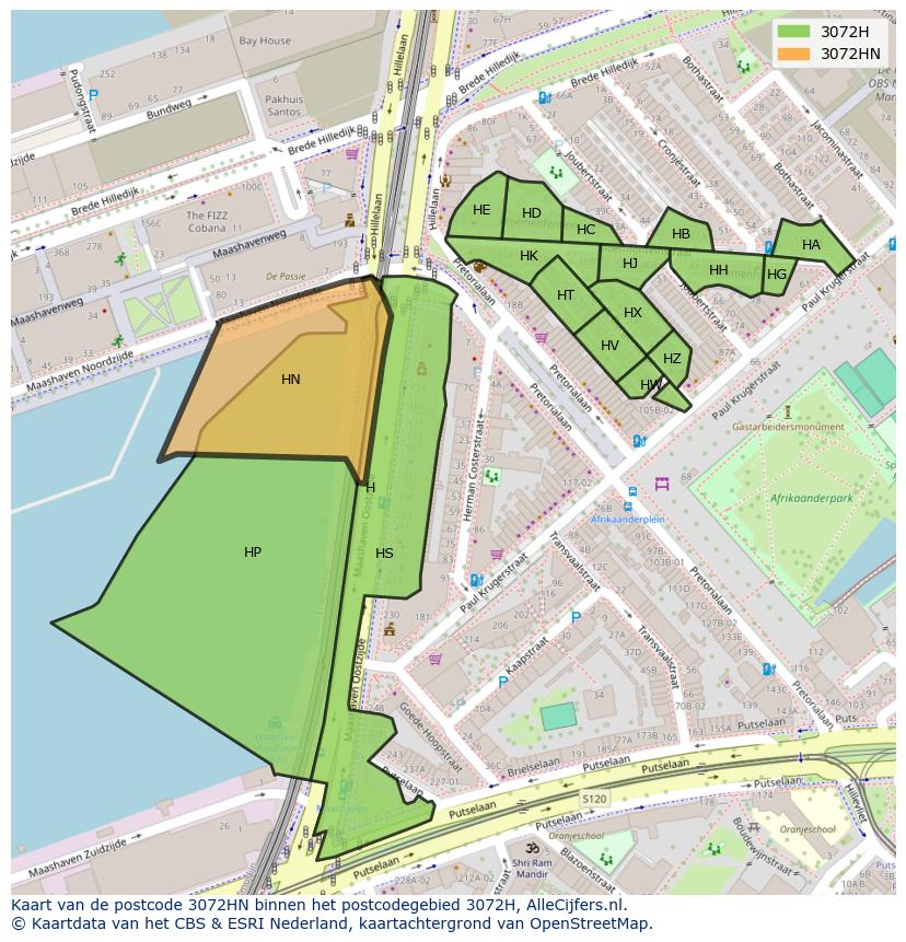 Afbeelding van het postcodegebied 3072 HN op de kaart.