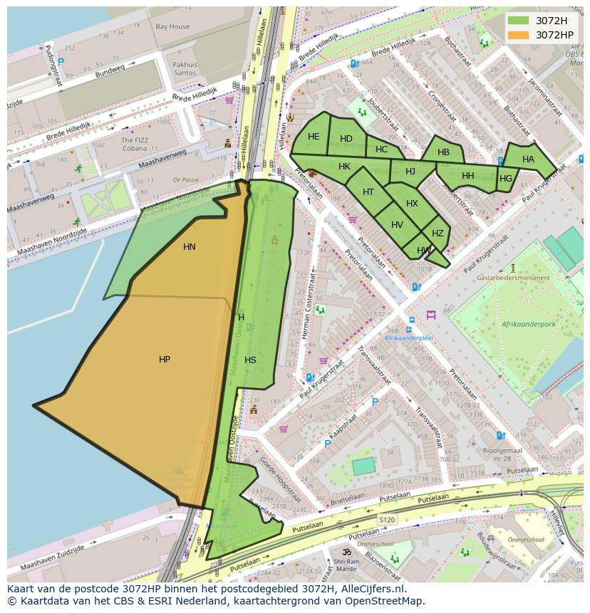 Afbeelding van het postcodegebied 3072 HP op de kaart.