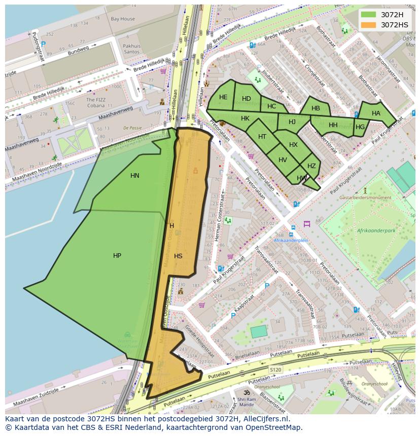 Afbeelding van het postcodegebied 3072 HS op de kaart.