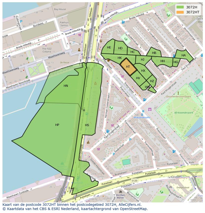 Afbeelding van het postcodegebied 3072 HT op de kaart.