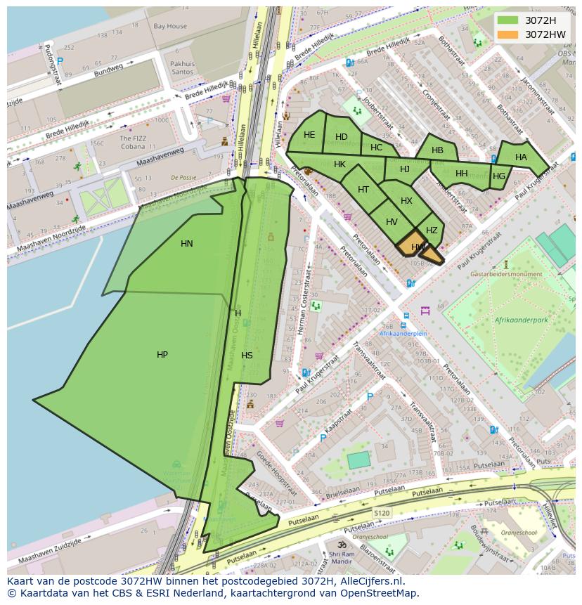 Afbeelding van het postcodegebied 3072 HW op de kaart.