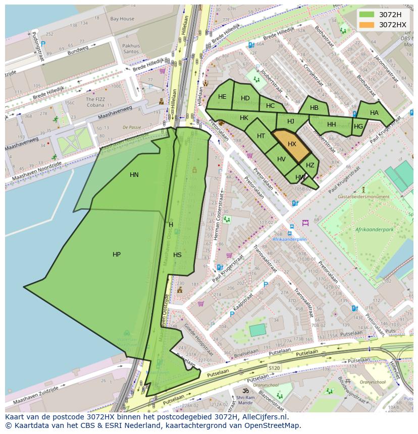 Afbeelding van het postcodegebied 3072 HX op de kaart.