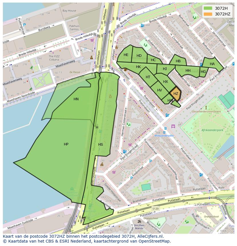Afbeelding van het postcodegebied 3072 HZ op de kaart.