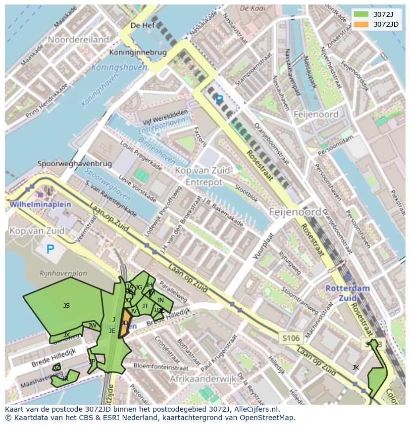 Afbeelding van het postcodegebied 3072 JD op de kaart.