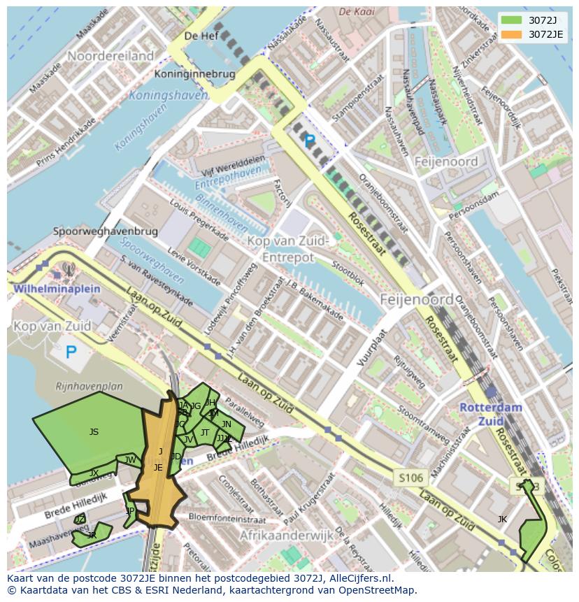 Afbeelding van het postcodegebied 3072 JE op de kaart.