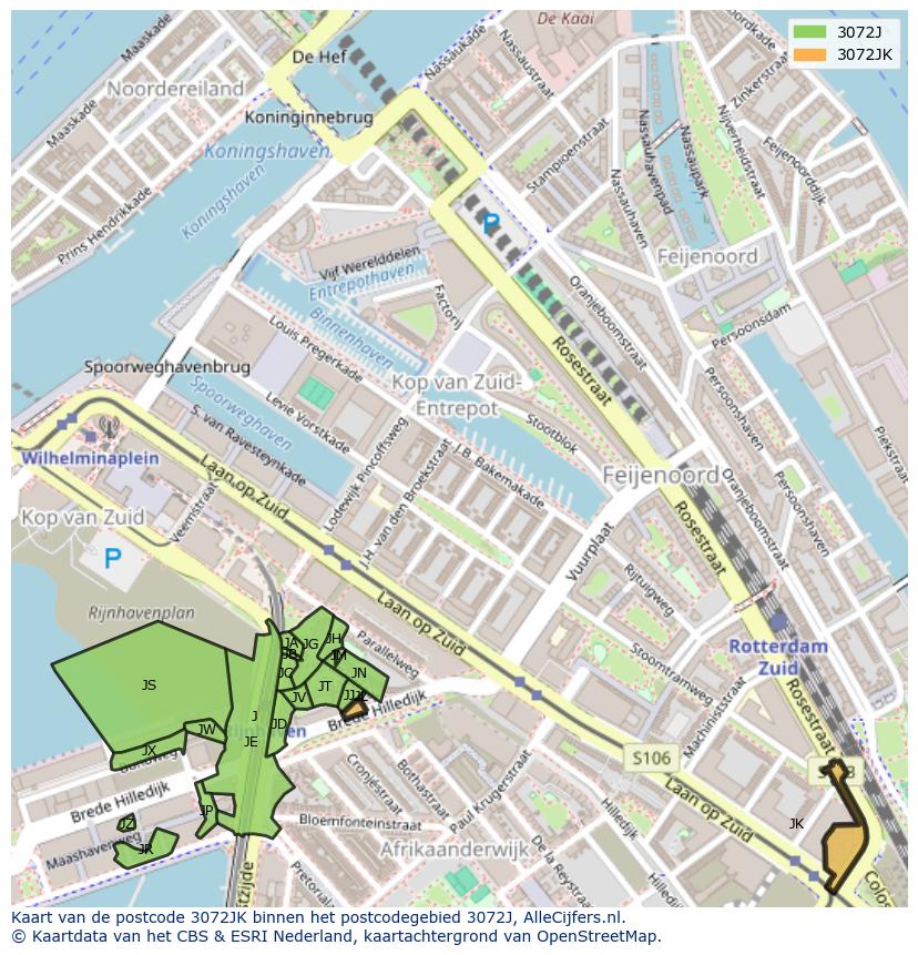 Afbeelding van het postcodegebied 3072 JK op de kaart.