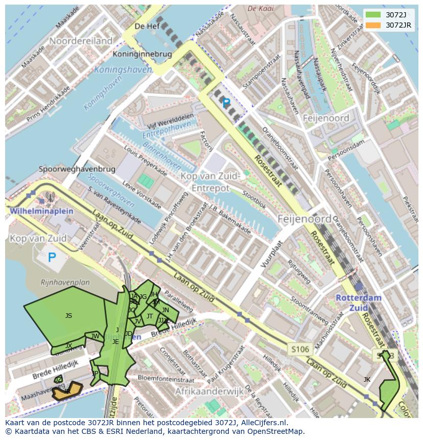 Afbeelding van het postcodegebied 3072 JR op de kaart.