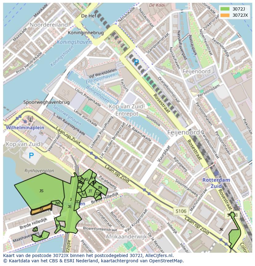 Afbeelding van het postcodegebied 3072 JX op de kaart.