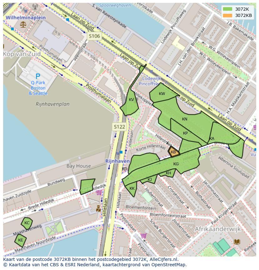 Afbeelding van het postcodegebied 3072 KB op de kaart.