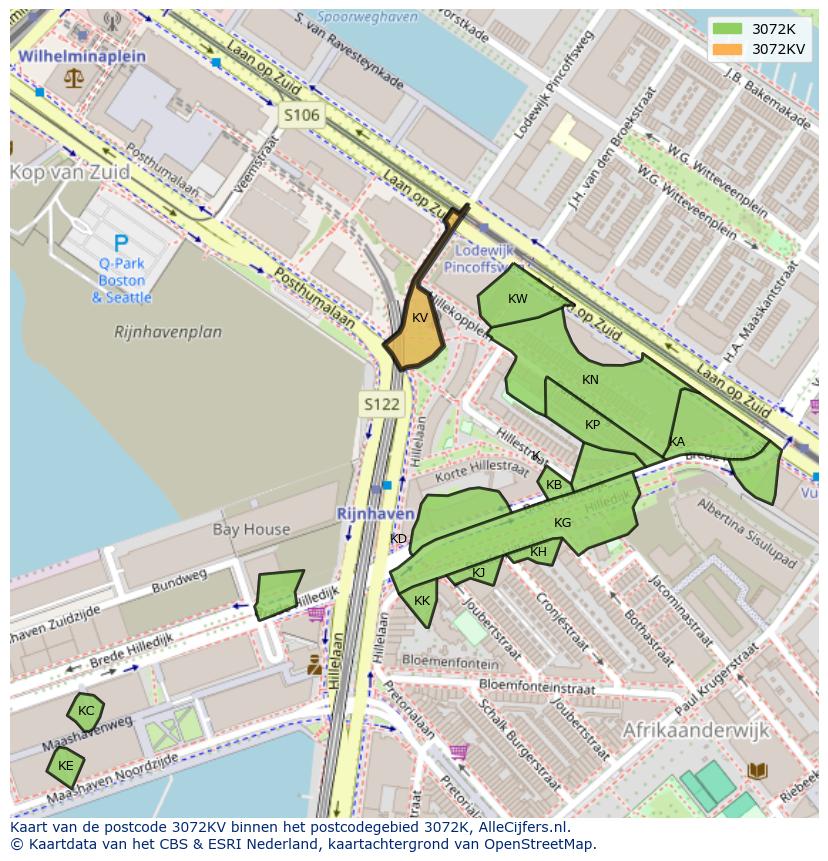 Afbeelding van het postcodegebied 3072 KV op de kaart.