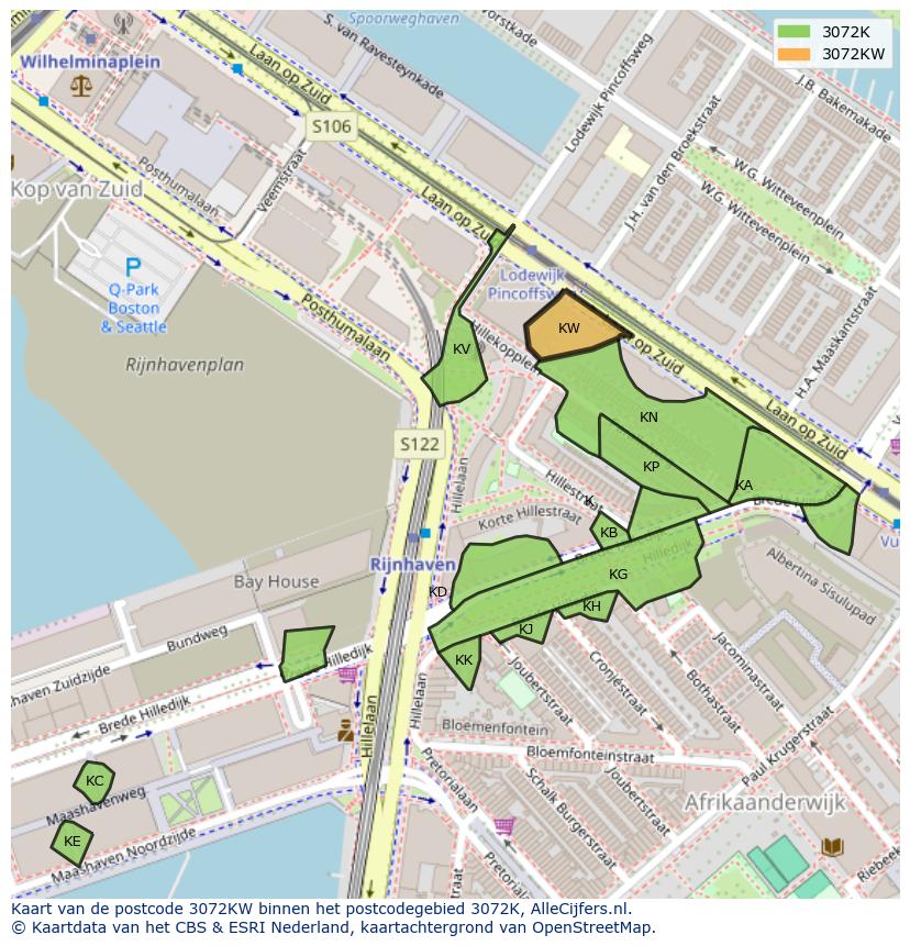 Afbeelding van het postcodegebied 3072 KW op de kaart.