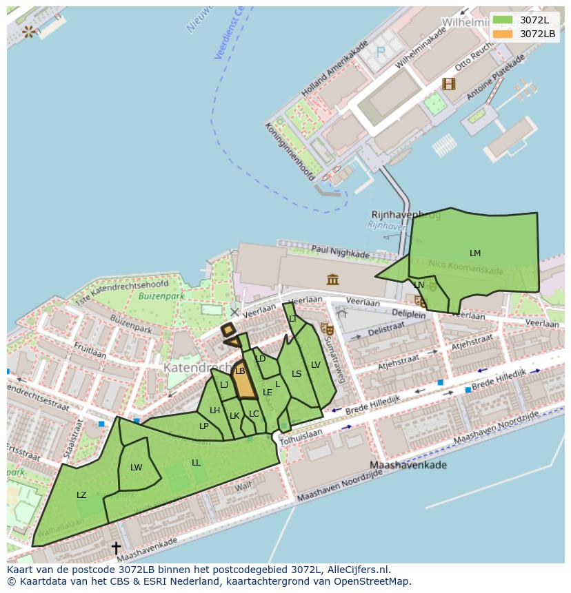 Afbeelding van het postcodegebied 3072 LB op de kaart.
