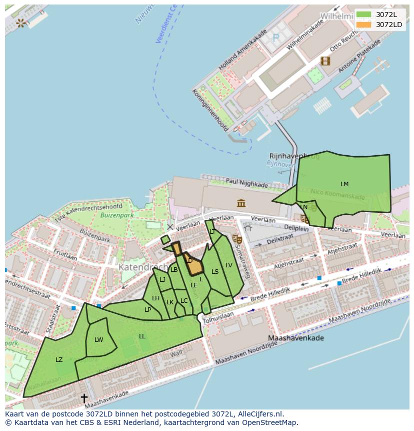 Afbeelding van het postcodegebied 3072 LD op de kaart.