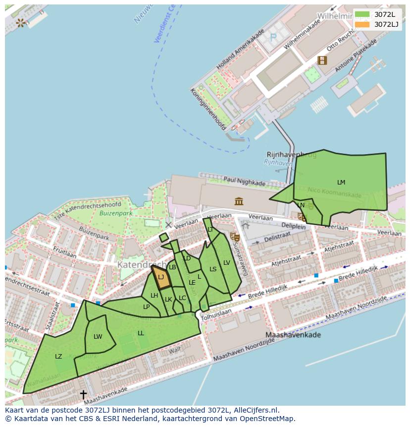 Afbeelding van het postcodegebied 3072 LJ op de kaart.