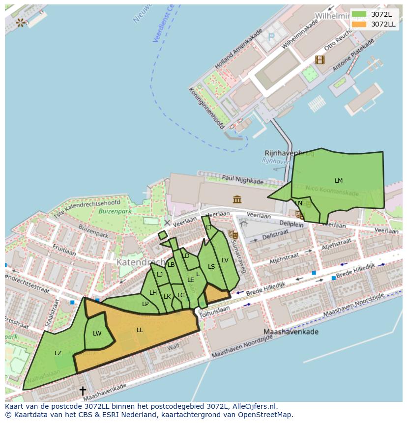 Afbeelding van het postcodegebied 3072 LL op de kaart.