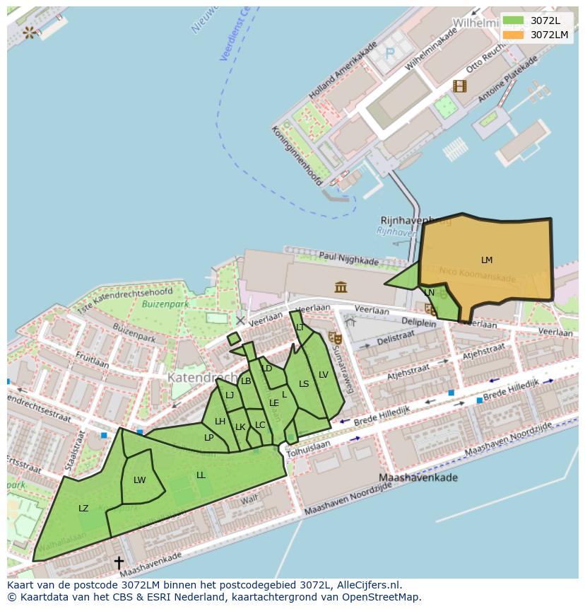 Afbeelding van het postcodegebied 3072 LM op de kaart.
