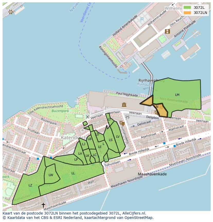 Afbeelding van het postcodegebied 3072 LN op de kaart.
