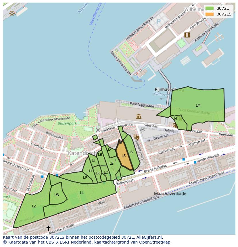 Afbeelding van het postcodegebied 3072 LS op de kaart.
