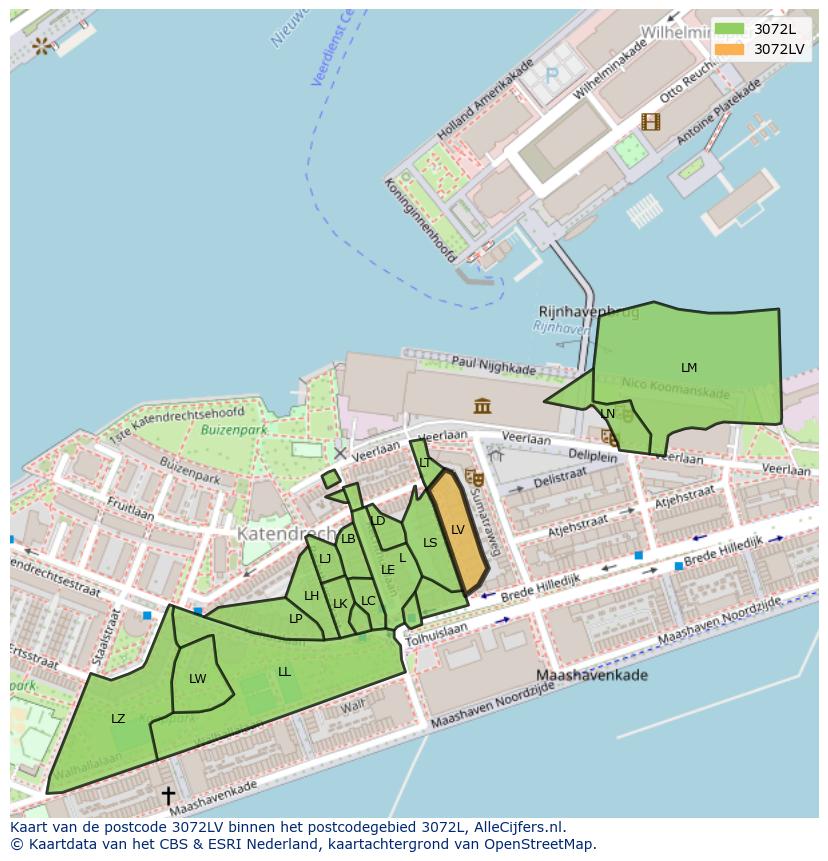 Afbeelding van het postcodegebied 3072 LV op de kaart.