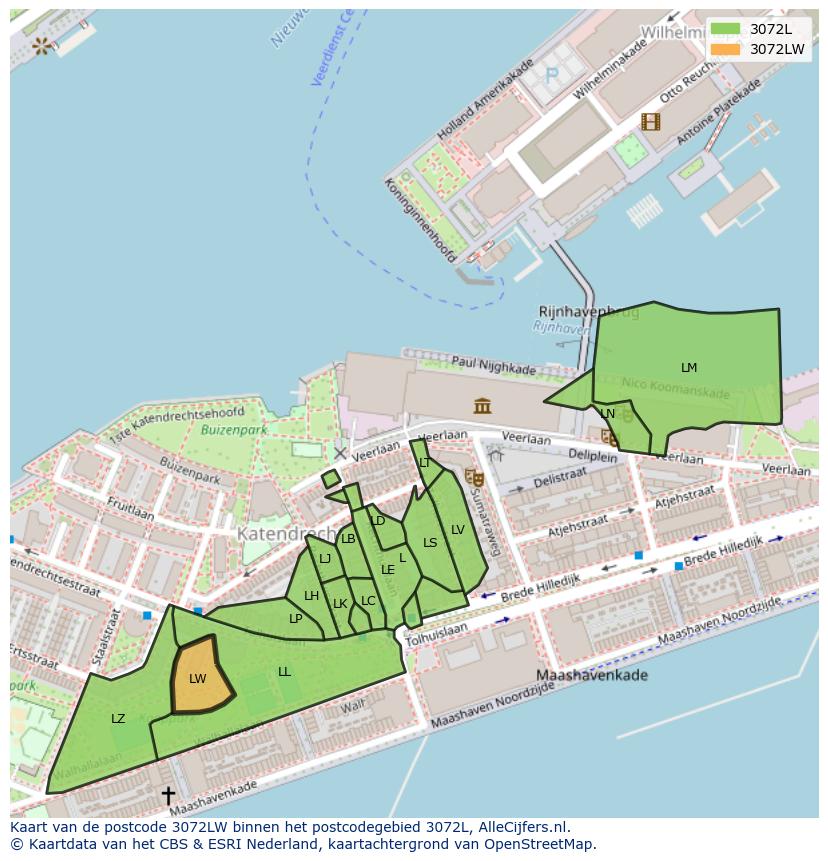 Afbeelding van het postcodegebied 3072 LW op de kaart.