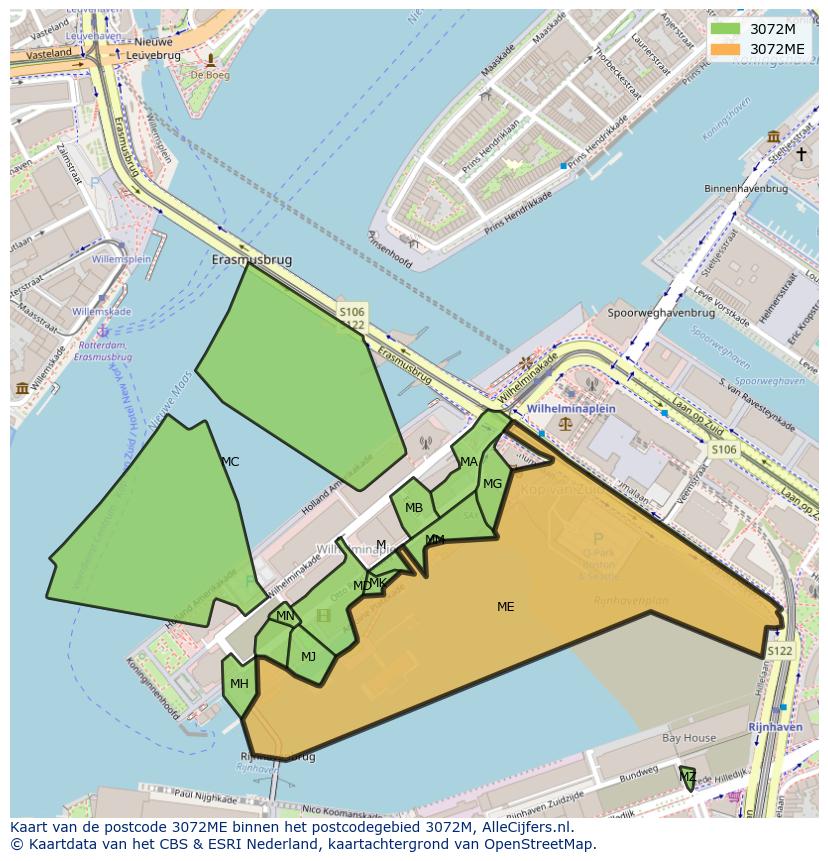 Afbeelding van het postcodegebied 3072 ME op de kaart.