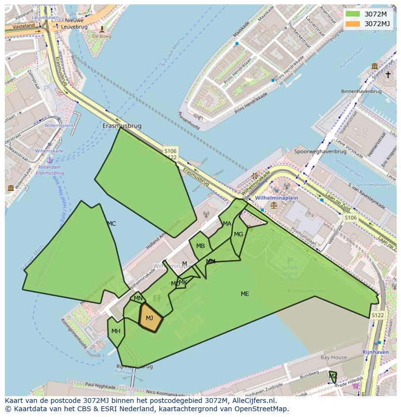 Afbeelding van het postcodegebied 3072 MJ op de kaart.