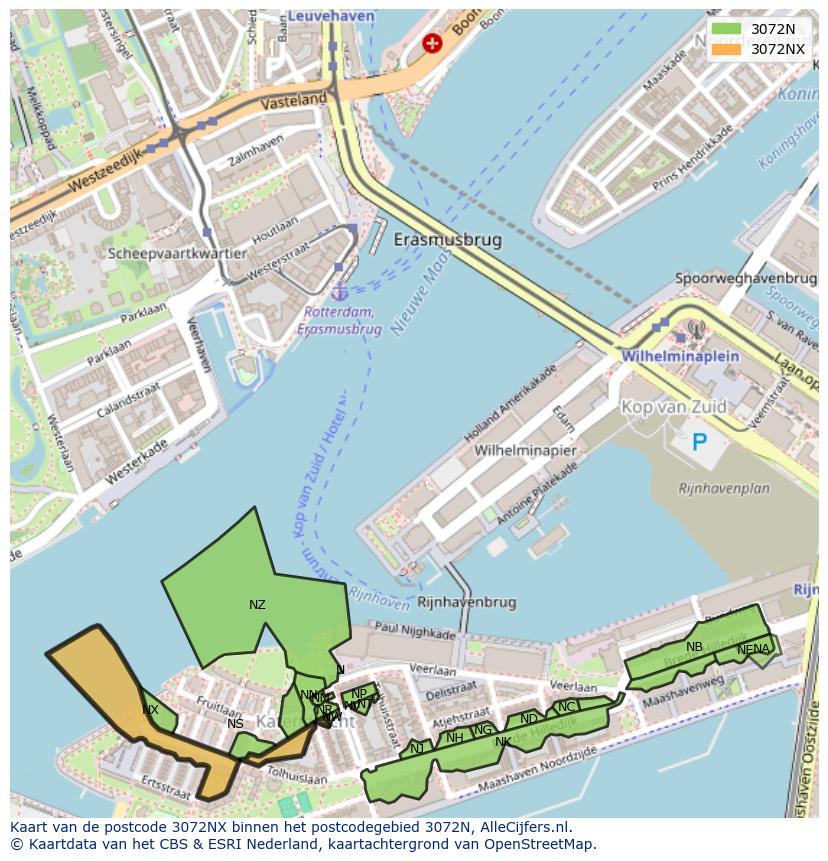 Afbeelding van het postcodegebied 3072 NX op de kaart.