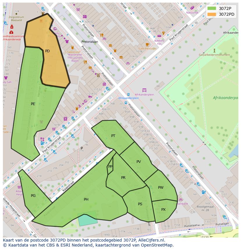 Afbeelding van het postcodegebied 3072 PD op de kaart.