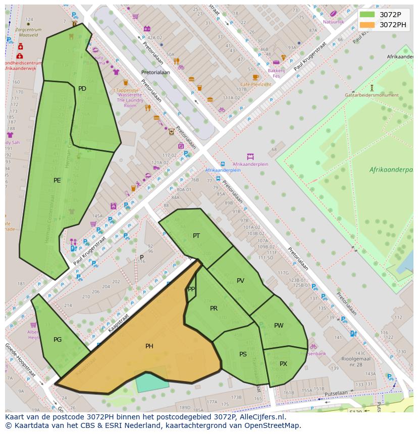 Afbeelding van het postcodegebied 3072 PH op de kaart.