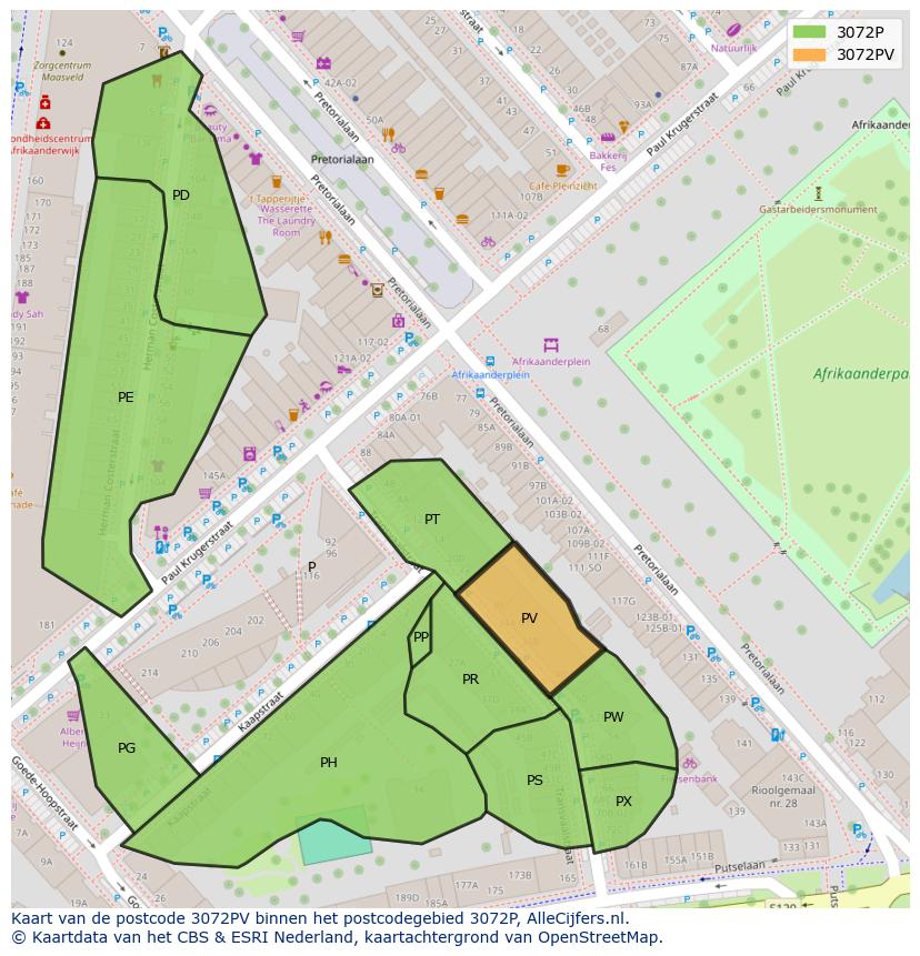 Afbeelding van het postcodegebied 3072 PV op de kaart.