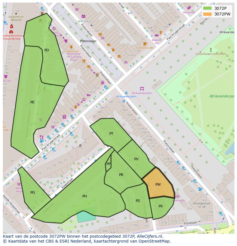 Afbeelding van het postcodegebied 3072 PW op de kaart.