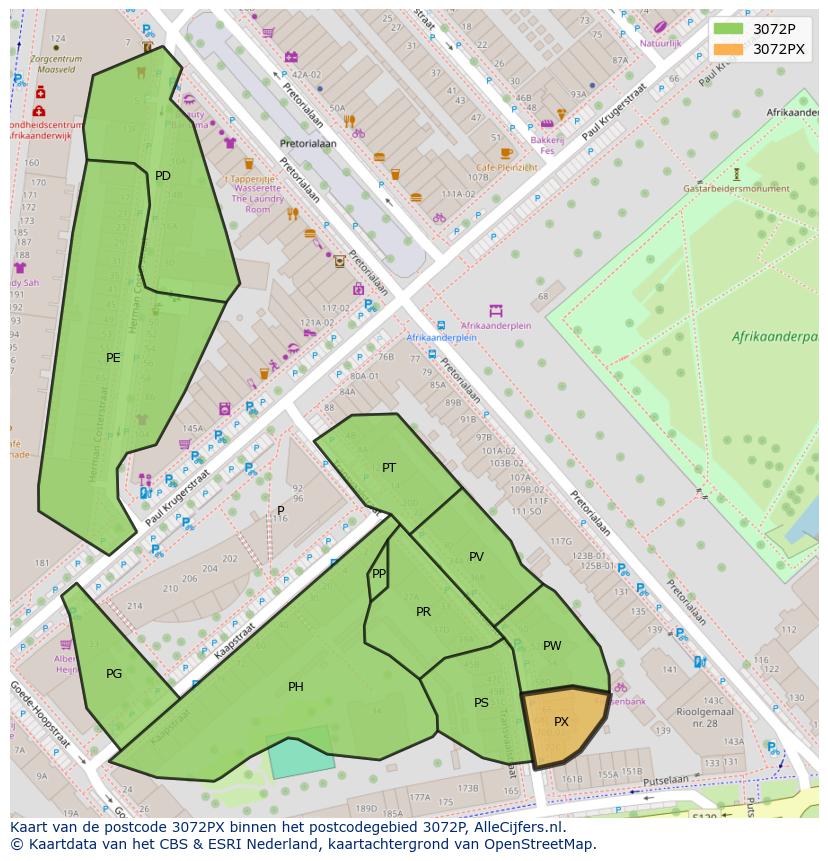 Afbeelding van het postcodegebied 3072 PX op de kaart.