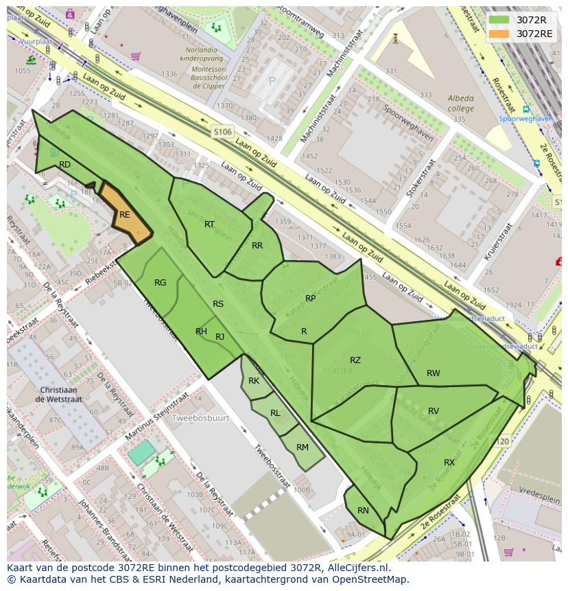 Afbeelding van het postcodegebied 3072 RE op de kaart.