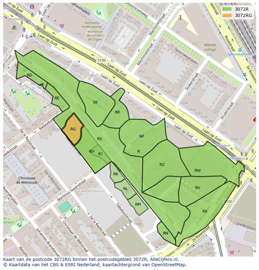 Afbeelding van het postcodegebied 3072 RG op de kaart.