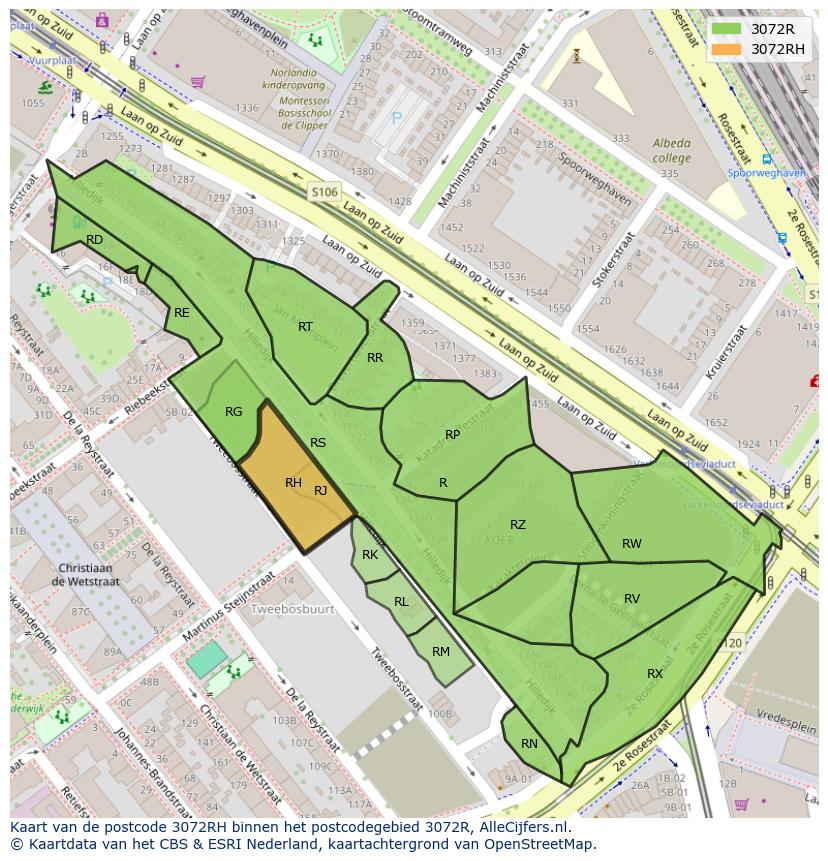 Afbeelding van het postcodegebied 3072 RH op de kaart.