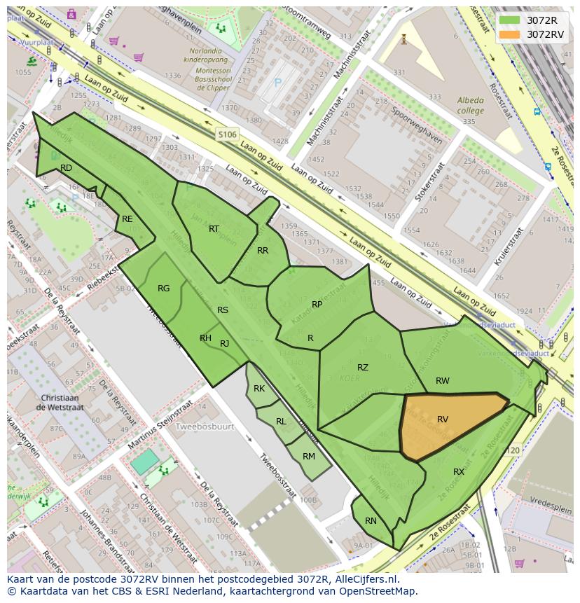 Afbeelding van het postcodegebied 3072 RV op de kaart.
