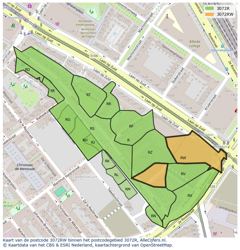 Afbeelding van het postcodegebied 3072 RW op de kaart.